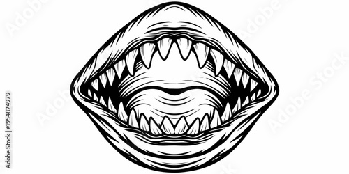 Monster Mouth with Sharp Teeth Monochrome Line Art Illustration