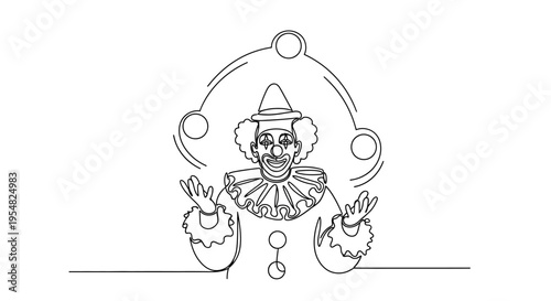 Continuous line drawing of a clown juggling circus balls, minimalist art style.