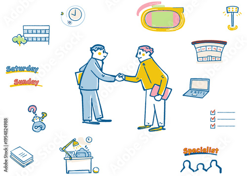 濃紺の線と黄色・青のアクセントで描かれた、専門指導員との連携や施設管理を象徴するアイコンセット。部活動地域移行の運営ガイドラインや教員の働き方改革向け手書き風ベクター素材
