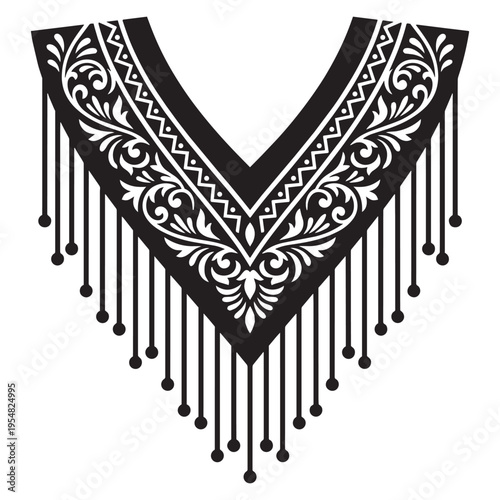 Black and white vector illustration of an ornate v-neck garment collar with decorative fringe trim
