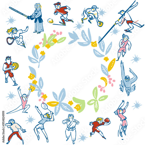 黄色い花とオリーブ、月桂樹の装飾リースを囲むように配置された、多様な競技のアスリートが描かれた部活動地域移行の広報ポスター用手書き風フレームイラスト
