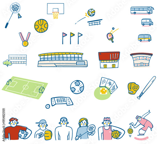 体育館やグラウンド、送迎バスと競技者を網羅した、部活動地域移行の活動拠点とアクセス方法を説明する実務用手書き風ベクターイラストセット
