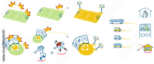 住宅街への騒音や夜間照明への配慮をテーマにした部活動地域移行の地域共生ガイドラインや近隣トラブル対策用手書き風イラストセット
