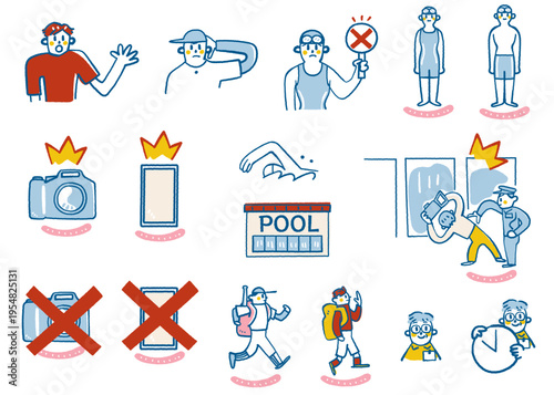 赤いバツ印の撮影禁止マークや不審者対応をするスタッフ、時計を持つ指導者を描いた部活動地域移行の安全管理ガイドライン用手書き風イラストセット
