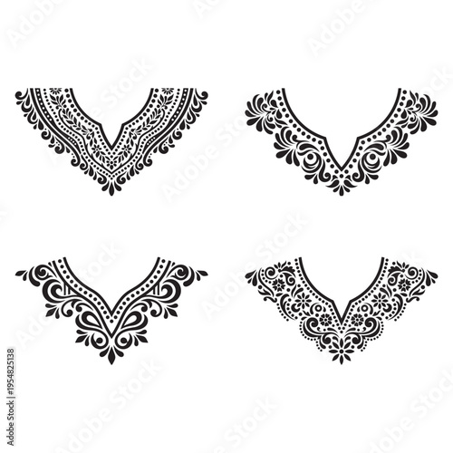 A collection of four elegant black and white floral embroidery designs for garment necklines set