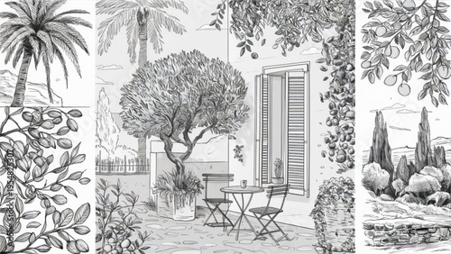 Black and white illustration of a patio with trees and plants and a table