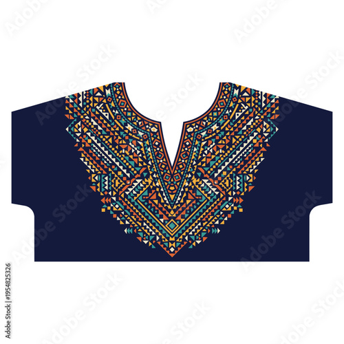 V-neckline design with a vibrant geometric tribal pattern on a dark navy blue background fabric