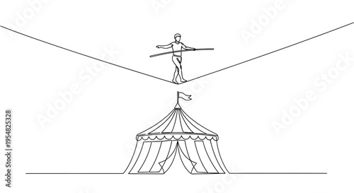 Tightrope walker balancing above circus tent, high wire act, performance concept