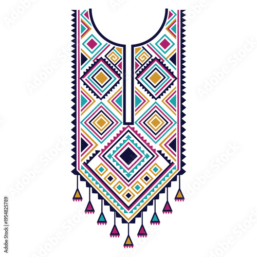 Geometric folk art neckline embroidery design with vibrant colorful diamond pattern and tassels