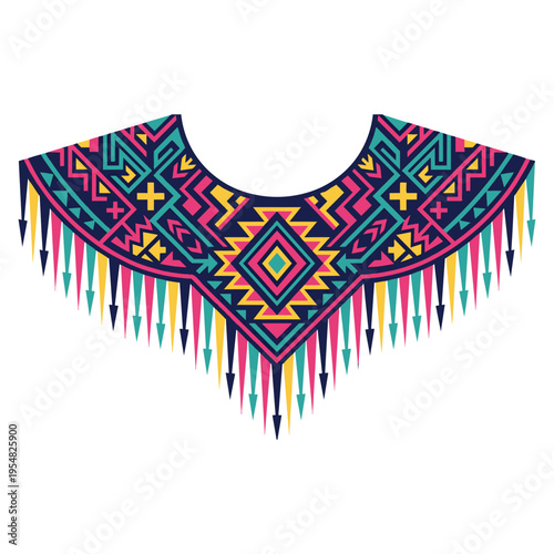 A vibrant tribal ethnic neckline design featuring colorful geometric patterns and decorative fringe