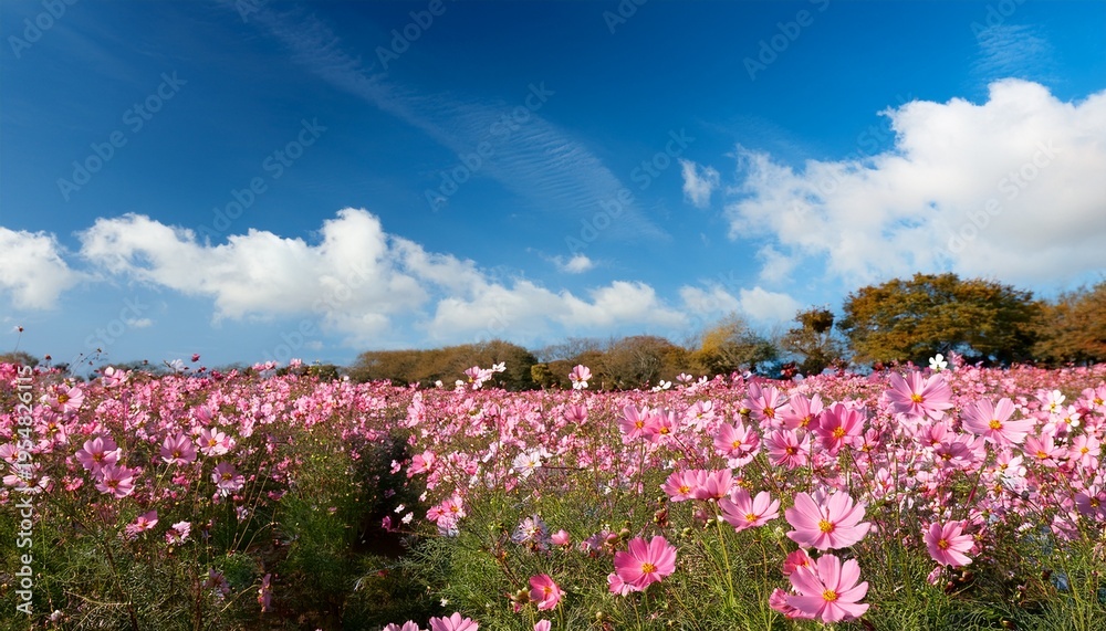 Obraz premium A Serene And Beautiful Landscape Of Pink Flowers In A Blue Sky