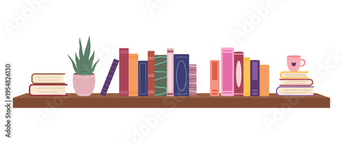 Wooden bookshelf with colorful books in stacks potted succulent plant