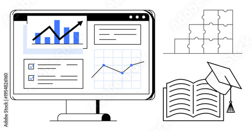 Data analysis concept. Data insights appear on the computer screen, linked with puzzles and education. Charts, learning, and analytics connections and knowledge. Great for education, analytics