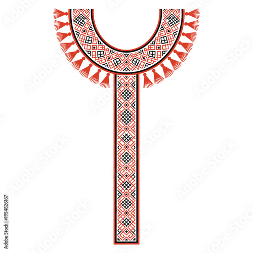 Traditional ukrainian embroidery pattern for a garment neckline with decorative red tassels