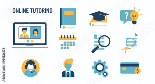 Set of colorful flat design icons representing online tutoring e-learning and distance education concepts.