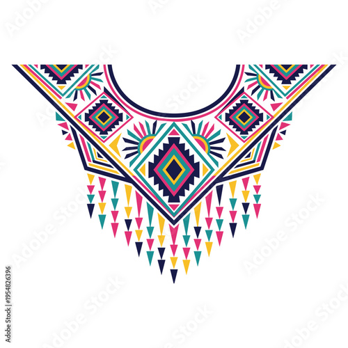 Vibrant geometric neckline embroidery design featuring colorful tribal patterns and hanging tassels