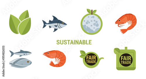 A collection of sustainable and fair trade vector icons including seafood like fish and shrimp and green ethical labels.
