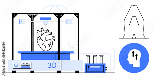 3D printing technology. 3D printing applied in medical innovation with a heart model and technical icons. 3D printing transforming healthcare, bioprinting, and medical research. For medical