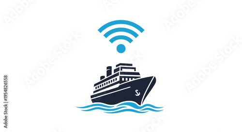Stylized icon of an ocean liner with a wireless internet connection symbol representing maritime connectivity.