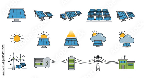 Collection of Solar Panels and Renewable Energy Icons.