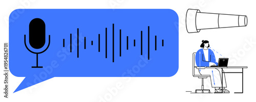 Voice recognition. Sound waves and microphone icon showcase speech technology evolution. Voice recognition advancing transcription, customer service, AI tools, and language learning