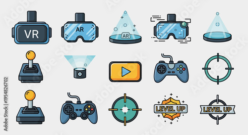 VR headsets game controllers and gaming icons set.