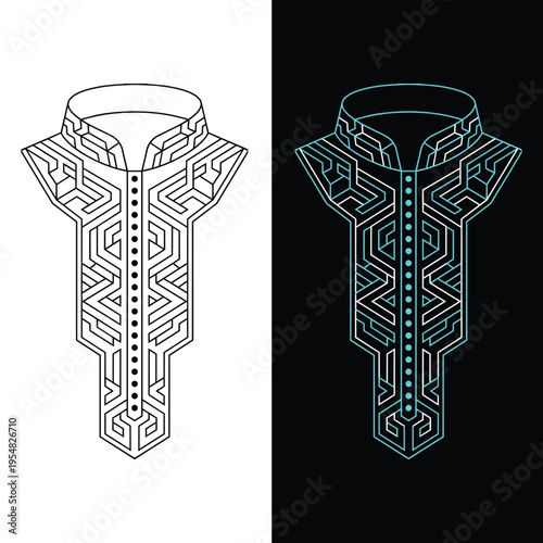 A digital illustration showing a futuristic ethnic collar design with intricate circuit patterns