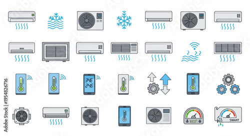 Set of colorful air conditioning and climate control icons including split systems outdoor units and smart app controls.