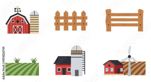 A collection of flat design farm icons featuring a red barn silo wooden fence green field and wind turbine.