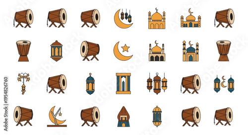 A colorful collection of Islamic and Ramadan celebration icons featuring mosques lanterns and drums.