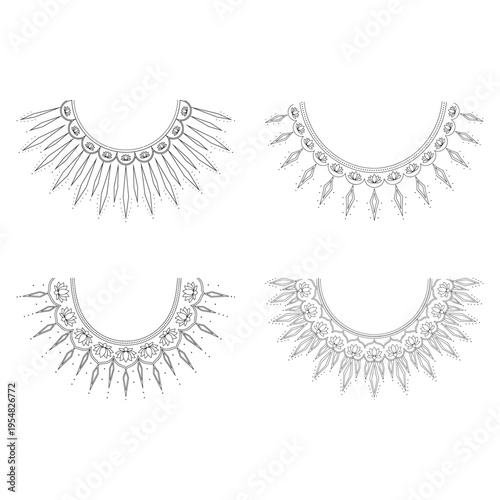 Set of four elegant bohemian style necklace patterns featuring intricate lotus and diamond shapes