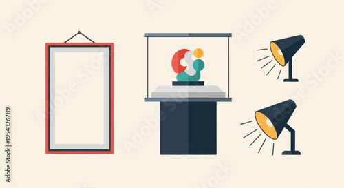 Art Gallery Display: Empty Frame Sculpture in Glass Case and Spotlights.