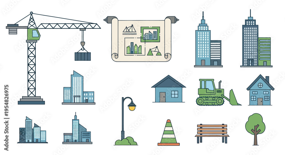 Fototapeta premium Construction and Cityscape Elements: Crane Blueprint Buildings and Infrastructure.