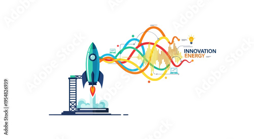 Creative innovation concept showing a launching rocket with a vibrant abstract trail of ideas and icons.