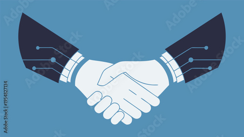 Flat vector illustration of handshake with digital circuit pattern for technology partnership concept.