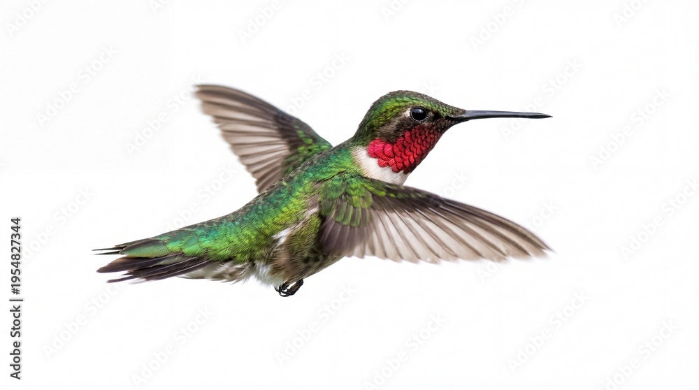 Fototapeta premium A vibrant ruby-throated hummingbird captured in mid-air with wings fully spread during flight