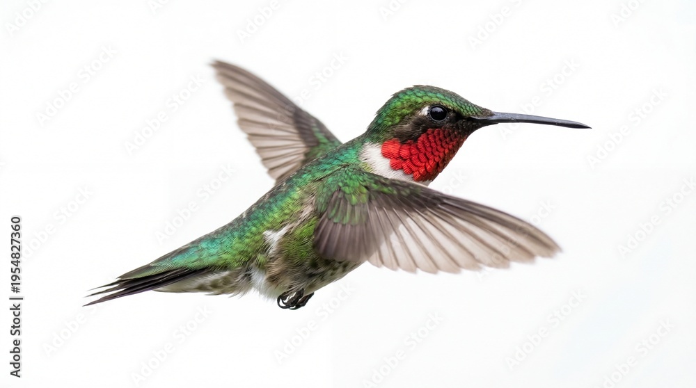 Obraz premium A vibrant ruby-throated hummingbird in flight displaying its iridescent green and red plumage