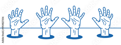 Set of 4 Blue Line Art Hands Raising from Holes Vector Illustration for Volunteering, Voting, and Teamwork Concepts
