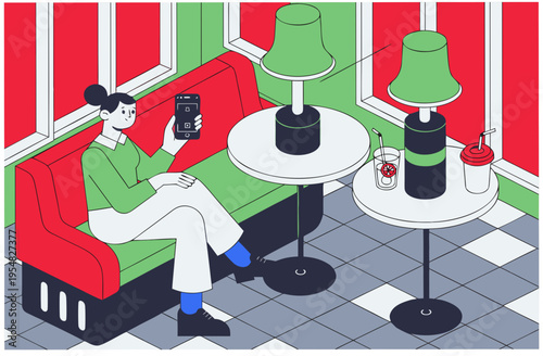 Woman using smartphone visual search feature in lounge. Female character sits on red sofa. Product search via mobile. Vector illustration