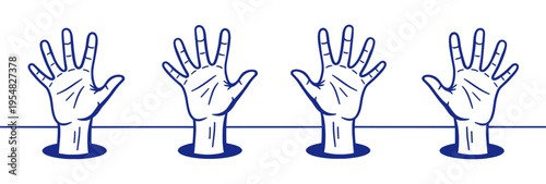 Set of 4 blue line art hand icons reaching out of holes vector illustration for business teamwork and help concept