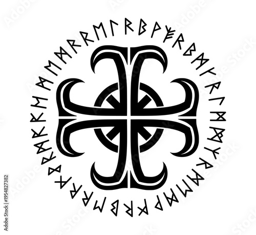 Viking Rune Circle with Celtic Cross Symbol, Ancient Norse Mythology Futhark Alphabet Vector Illustration on White