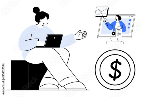 Remote work concept. Remote work encourages digital collaboration and online financial management. Remote work boosts productivity through virtual communication and financial analysis. Great