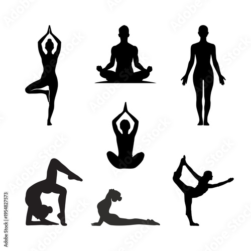 Yoga Poses Silhouettes: A collection of elegant silhouettes depicts various yoga poses, inviting a sense of tranquility, balance, and inner peace.
