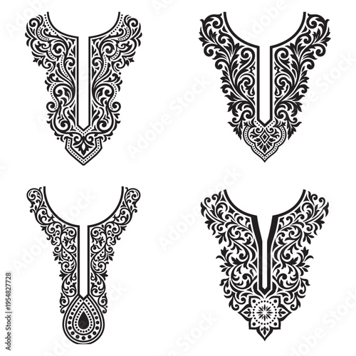 A collection of four ornate black and white floral embroidery neckline designs for fashion apparel