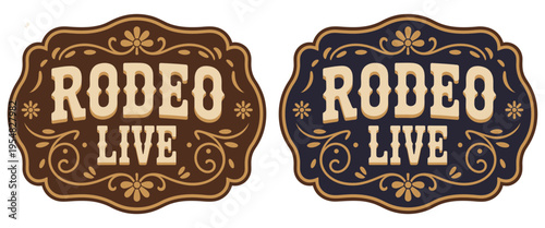 rodeo live belt buckle label, bull rider cowboy engraving composition, cowgirl rustic decor emblem style, western heritage badge,ranch life symbol, classic rodeo event branding vector illustration.