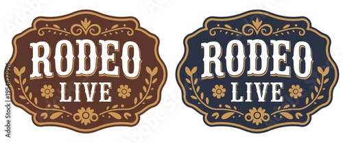 rodeo live belt buckle label, bull rider cowboy engraving composition, cowgirl rustic decor emblem style, western heritage badge,ranch life symbol, classic rodeo event branding vector illustration.