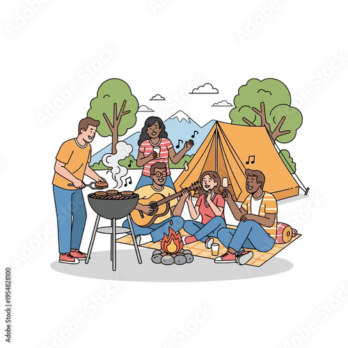 Friends Enjoying Camping BBQ and Guitar Music by Tent and Campfire