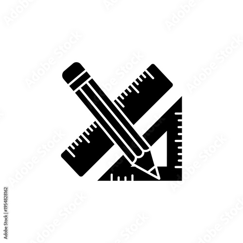 Black and White Icon of Pencil and Triangular Rulers