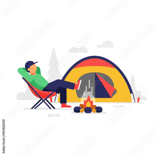 Man relaxing by campfire and tent in nature, outdoor leisure, camping adventure