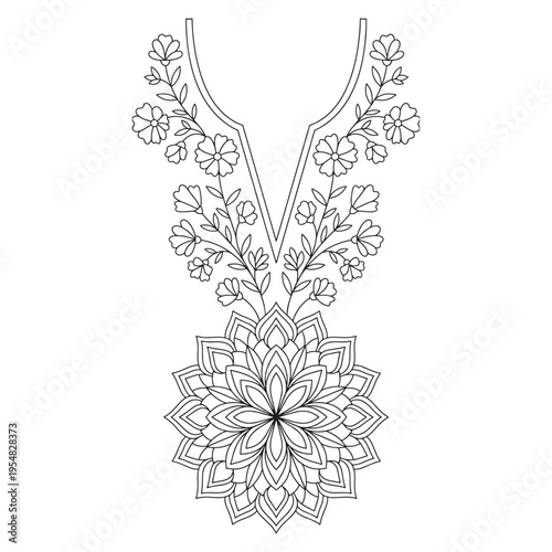 Elegant floral neckline embroidery design featuring a central mandala motif for textile fashion